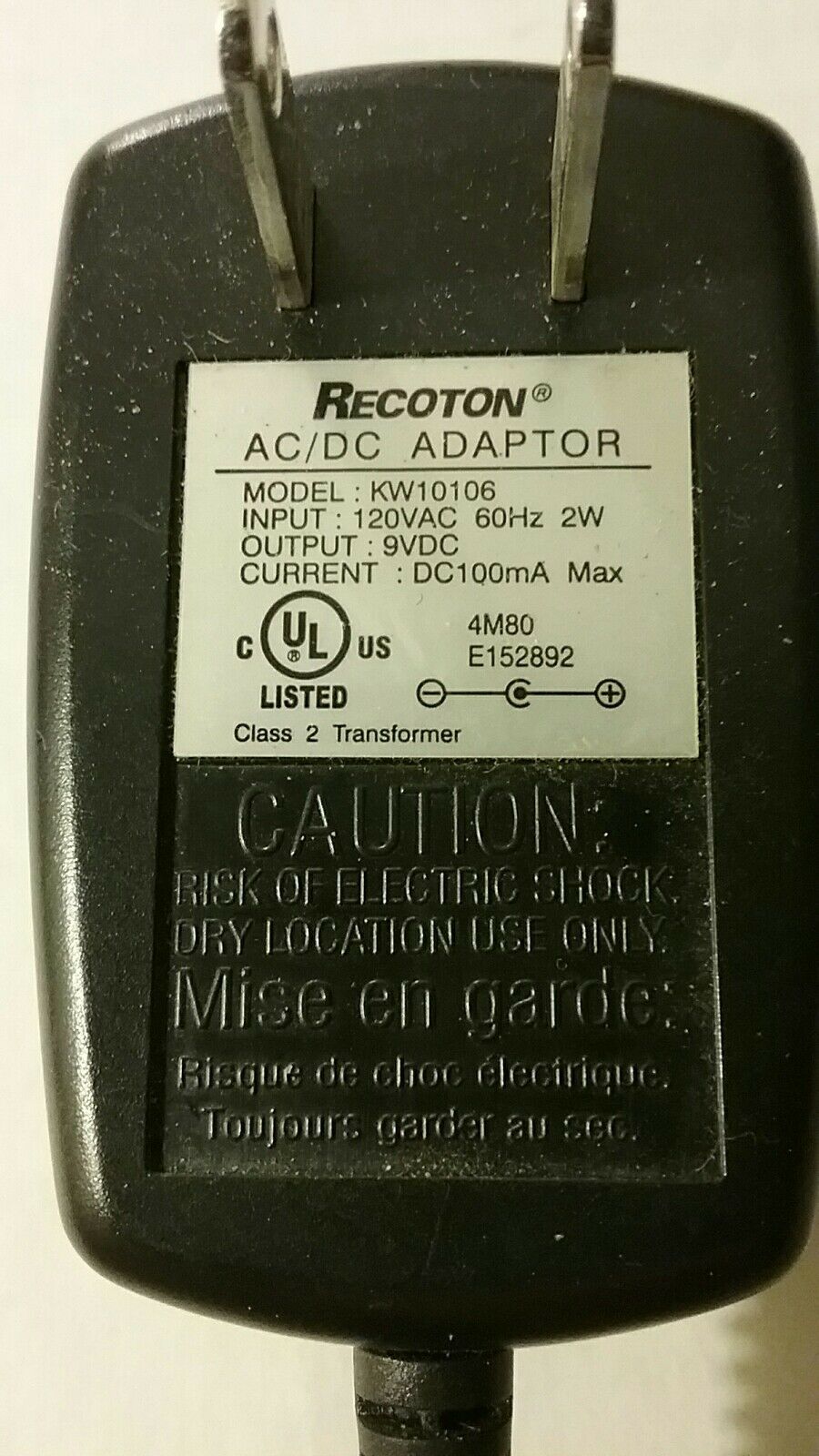 New 9V 100mA Recoton KW10106 Class 2 Transformer Power Supply Ac Adapter